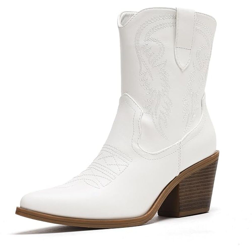 Women's White Western Booties with Pointed Toe Stylish Short Booties Block Heel